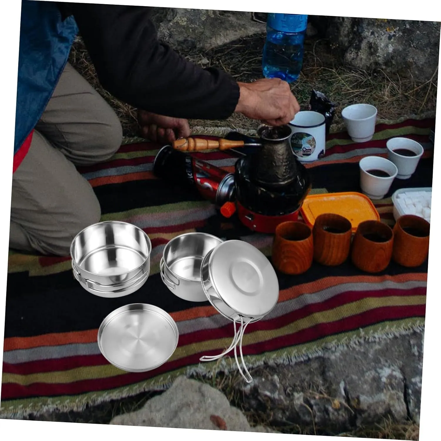 Mikikit Outdoor Camping Pot Stainless Camp Cookware Hike Camping Equipment Camping Pan Pots Cookware Camping