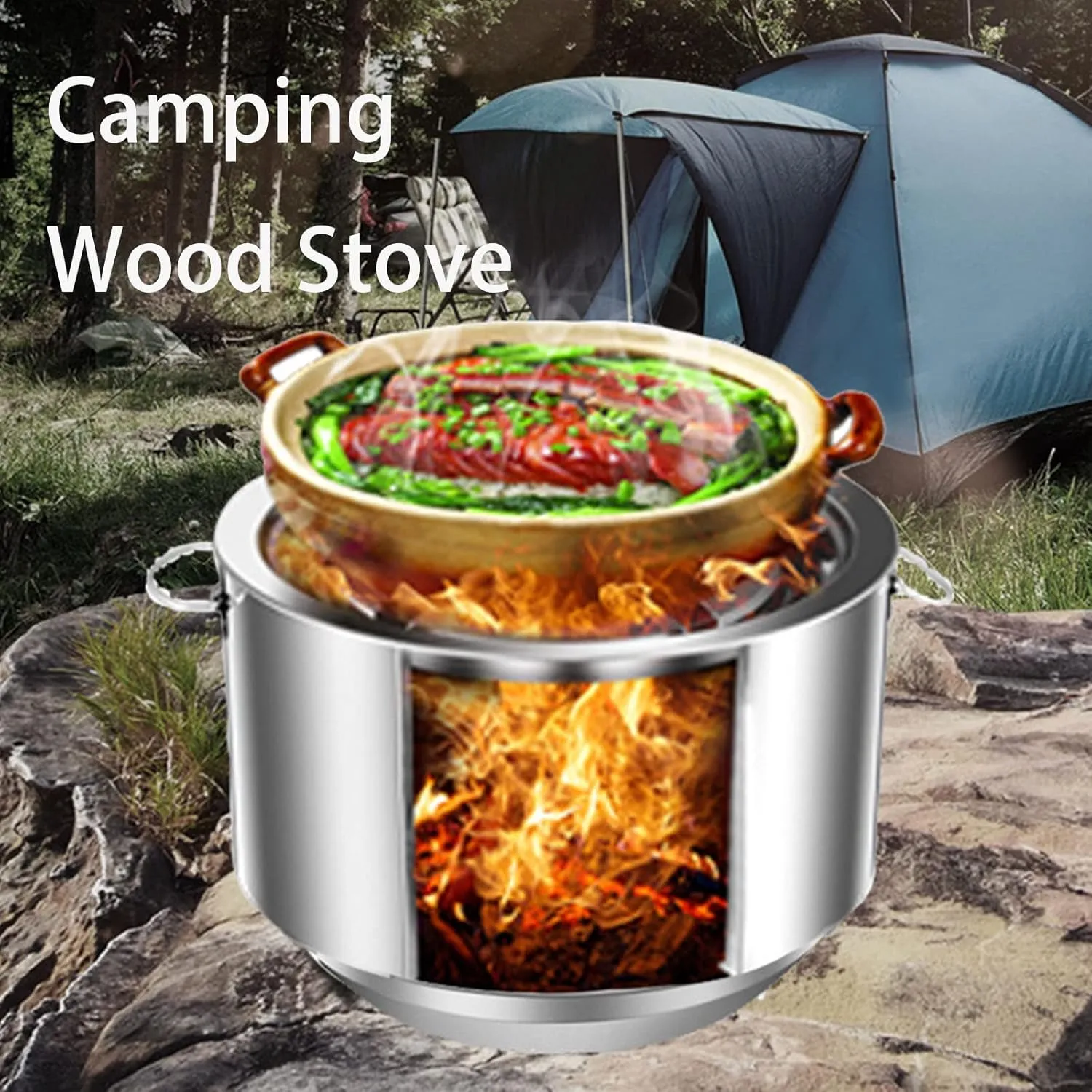 Mini Wood Burning Camping Stove with Pot Stand Portable Stainless Steel Grill Backpacking Stove for Hiking Picnic Cooking Outdoor