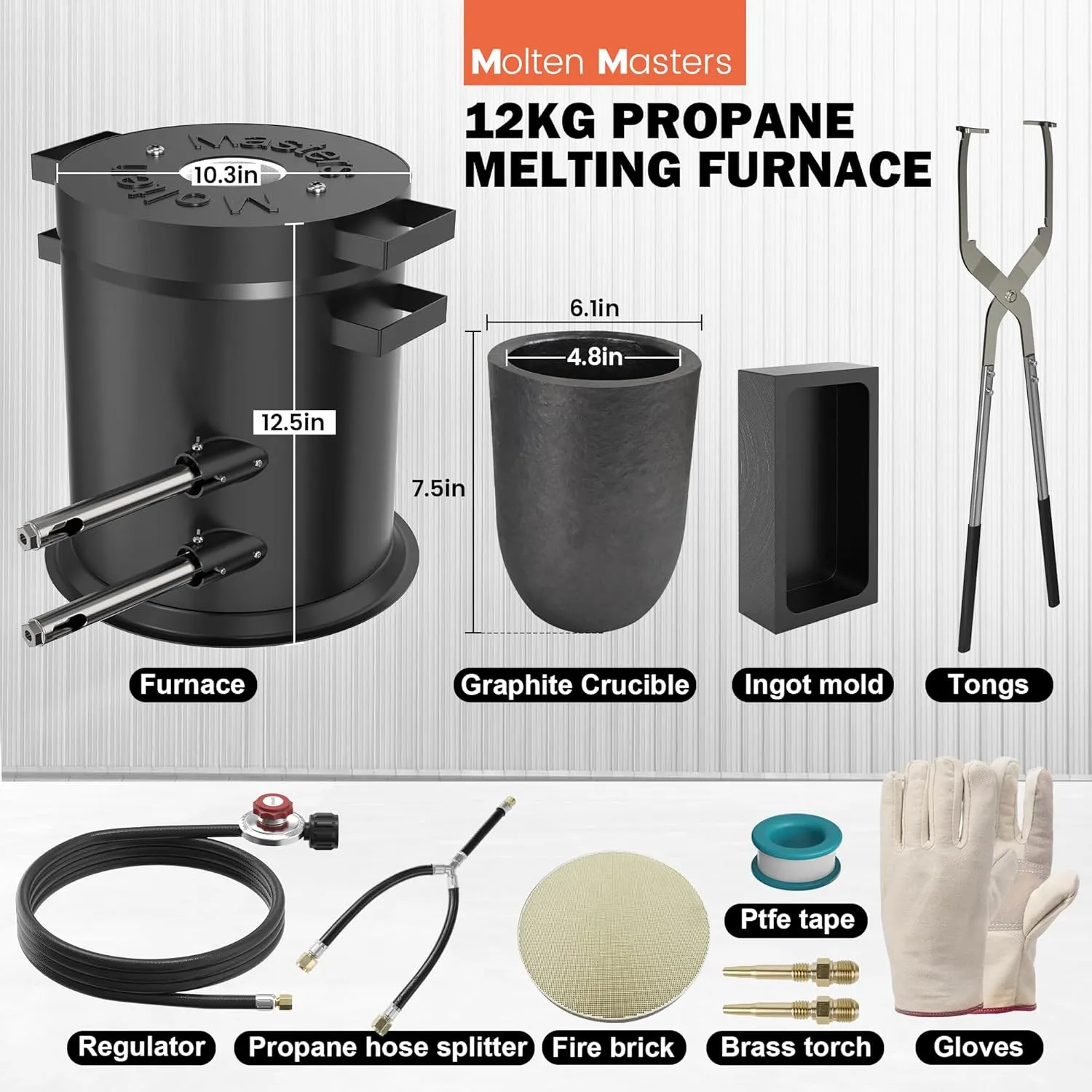 MMasters 12KG Propane Metal Melting Furnace Kit with Gloves, 2400℉ High-Efficiency Metal Foundry for Gold, Silver, Copper, and Aluminum Smelting, Ideal for Jewelry Making and Metal Casting
