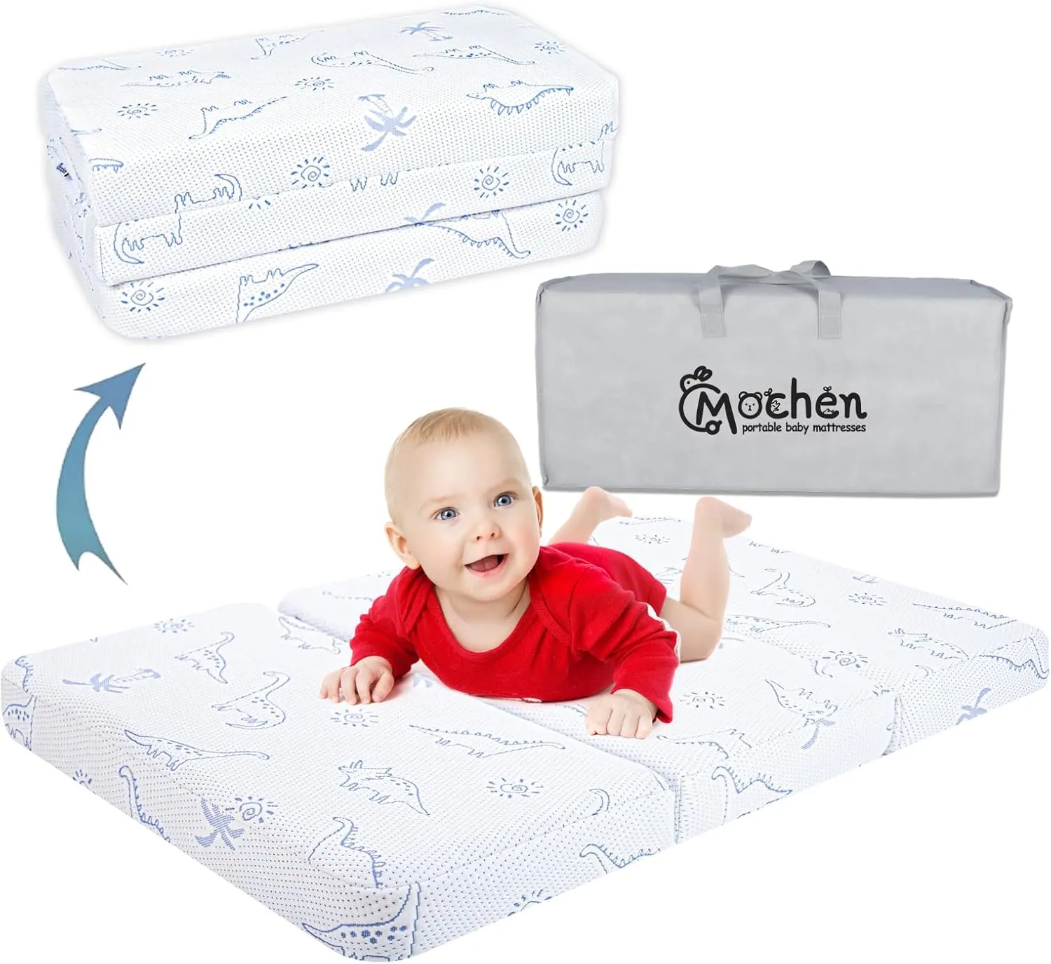 Mochen Trifold Pack and Play Mattress, 38x26 Dual-Sided Memory Foam Pack n Play Mattresses for Baby Playpen, Portable Crib Mattress Pad with Removable Dinosaurs Cover & Travel Bag