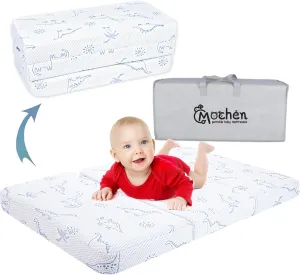 Mochen Trifold Pack and Play Mattress, 38x26 Dual-Sided Memory Foam Pack n Play Mattresses for Baby Playpen, Portable Crib Mattress Pad with Removable Dinosaurs Cover & Travel Bag