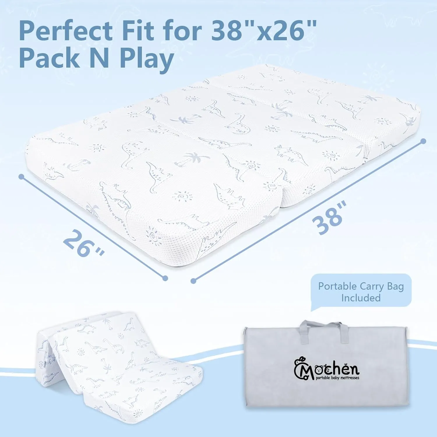 Mochen Trifold Pack and Play Mattress, 38x26 Dual-Sided Memory Foam Pack n Play Mattresses for Baby Toddler, Portable Crib Mattress Pad with Removable Dinosaurs Cover & Travel Bag