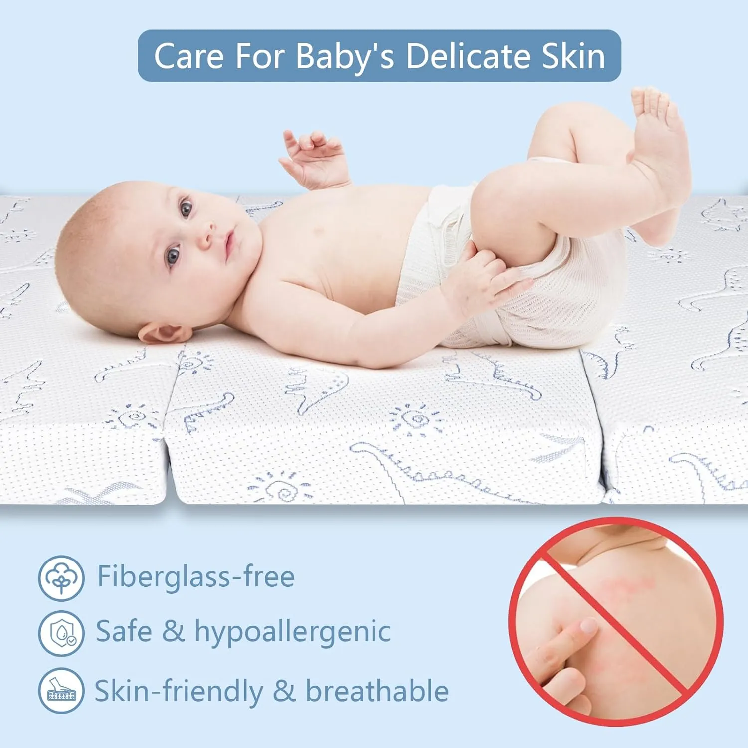 Mochen Trifold Pack and Play Mattress, 38x26 Dual-Sided Memory Foam Pack n Play Mattresses for Baby Toddler, Portable Crib Mattress Pad with Removable Dinosaurs Cover & Travel Bag
