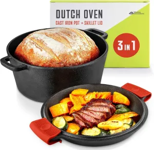 Modern Innovations 3-in-1 Dutch Oven & Skillet Combo, Preseasoned Cast Iron Cookware Set, 3.2QT Dutch Oven, 1.6QT Skillet with Lid, Versatile Pots and Pans for Camping & Home Cooking