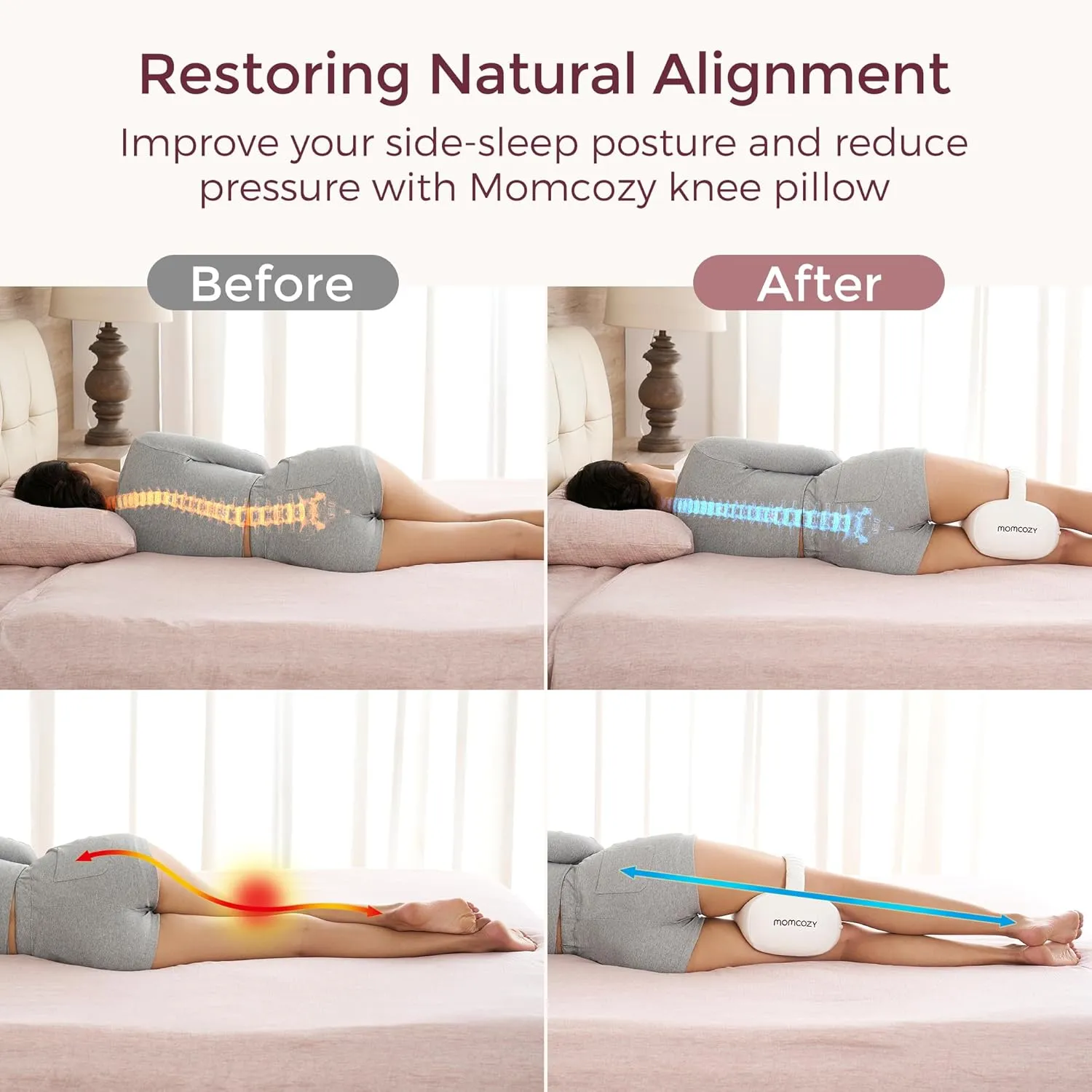 Momcozy Knee Pillow for Side Sleepers, Soft Memory Foam Support Spine Alignment Pregnancy Leg Pillow for HIPS, Back, Sciatica Pain, Fixed Strap for Moving, Wider Contact Even Pressure