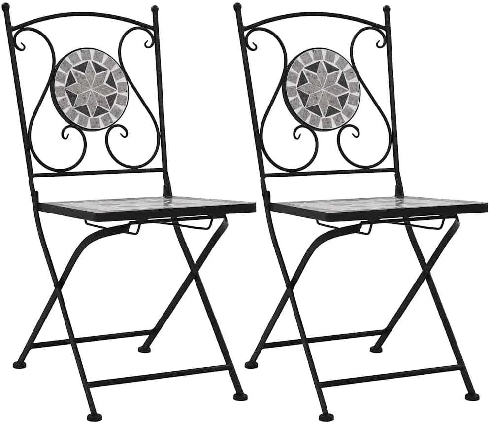 Mosaic Bistro Chairs 2-Piece Set Gray Powder-Coated Iron Frame & Ceramic Seat Outdoor Patio Furniture for Garden Balcony Lounge