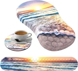 Mouse Pad Wrist Support,Ergonomic Mouse Pad with Wrist Rest,Computer Mouse Pads Pain Relief Keyboard Wrist Rest with Coaster Set,Non-Slip Computer Gel Mouse Pad for Desk Laptop Office-Beach Sunset