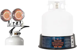 Mr. Heater, MHS30T Double Tank Top Outdoor Propane Heater (F216600) & Flame King YSNPBS Propane Cylinder Base Stabilizer, Fits 20lb, 30lb, and 40lb Tanks, Black
