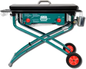 Mr. Outdoors Cookout Portable Cooker Pkg, Collapsible Two Burner Stove & Griddle Kit, Heavy Duty Steel Griddle, Lid, 80,000 BTU's, Wheels, Two Deep Fry Thermometers, CSA Design Certified