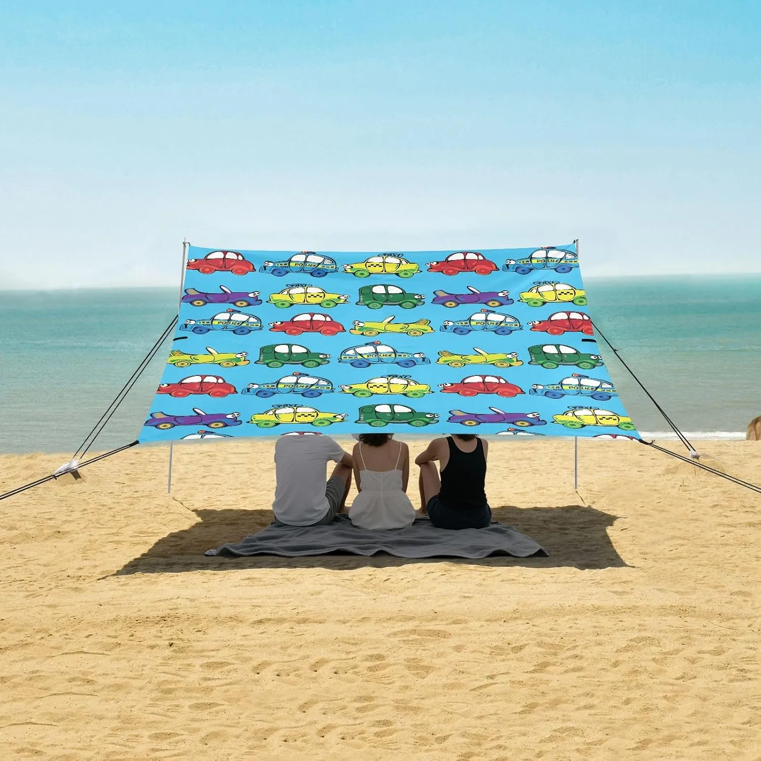 Multicolor Childish Cars Beach Camping Tent Sun Shelter for Whole Family, Beach Shade Canopy with UPF50  UV Protection,Easy Set Up and Carry,Outdoor Shade for Trips, Fishing, Backyard Fun Picni