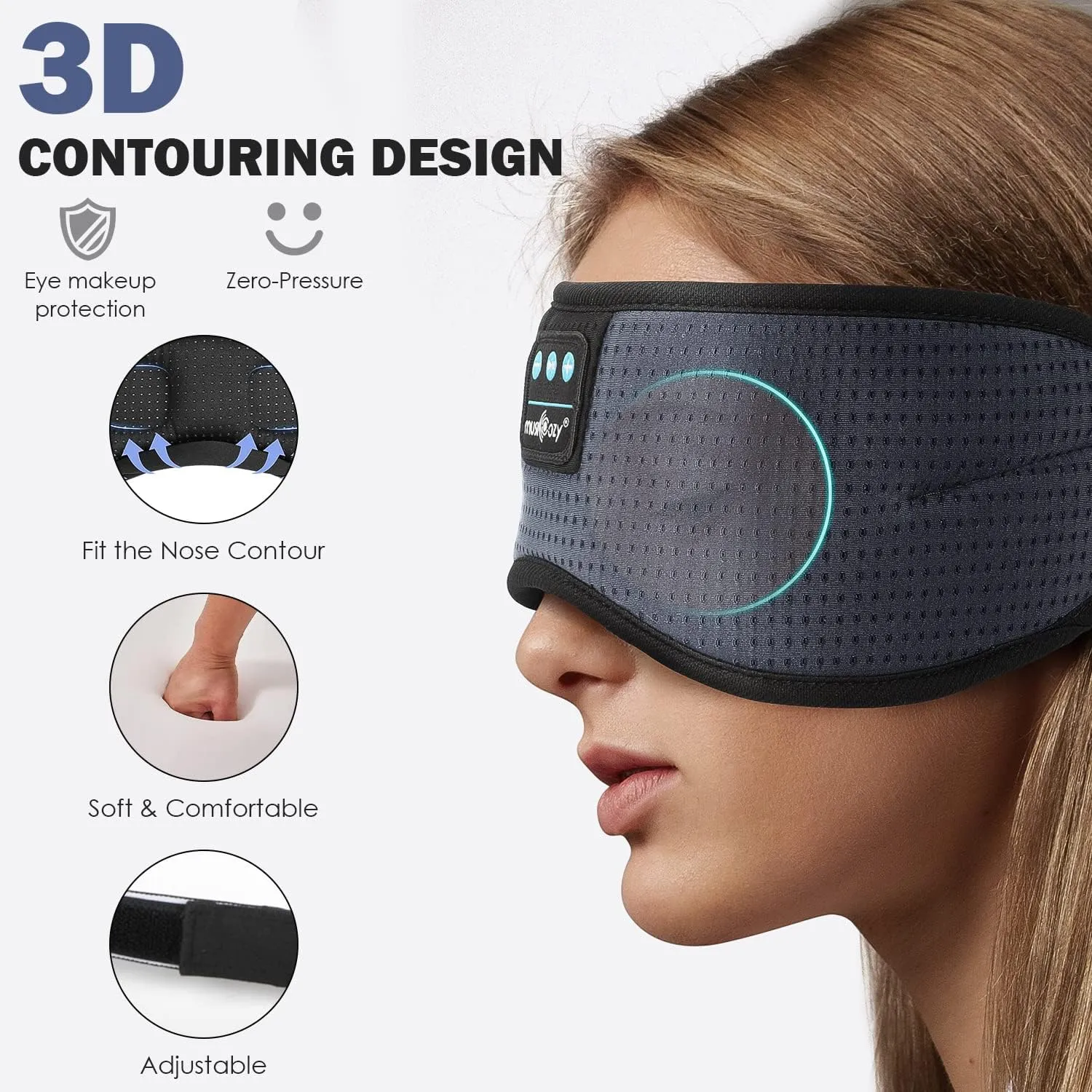 MUSICOZY White Noise Bluetooth Sleep Mask with 8 Soothing Sounds & 3D Wireless Sleep Headphones, Bluetooth Sleeping Headphones for Yoga Travel Office Relaxation Tech Gadgets Gifts, Light Gray