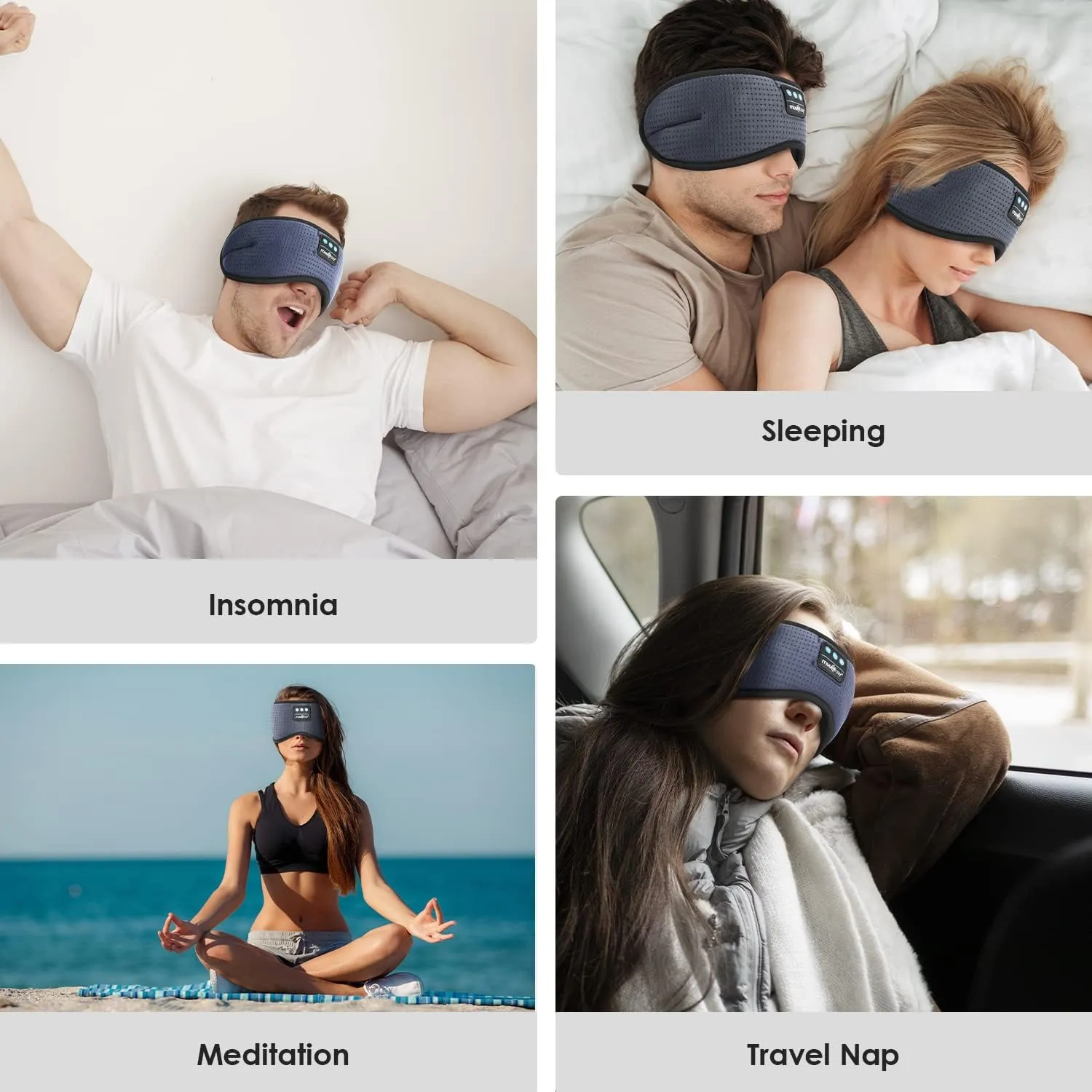MUSICOZY White Noise Bluetooth Sleep Mask with 8 Soothing Sounds & 3D Wireless Sleep Headphones, Bluetooth Sleeping Headphones for Yoga Travel Office Relaxation Tech Gadgets Gifts, Light Gray