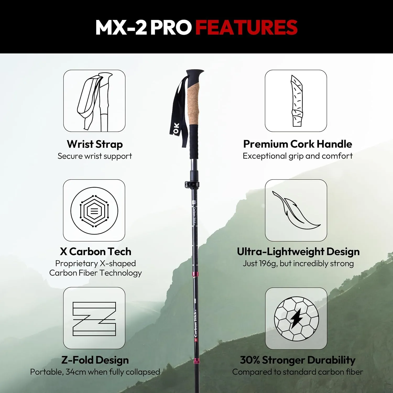 MX-2 PRO | X Carbon Tech Carbon Fiber Trekking Poles