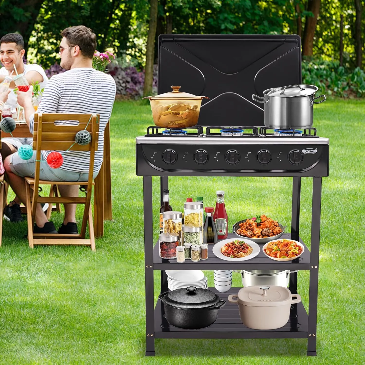 Natural Gas Stove, 5-Burner Natural Gas Stove, Portable Gas Stove with Support Leg Stand and Wind Blocking Cover Auto Ignition Camping Stove for RV, Apartment, Outdoor Cooking, Auto Ignition (Black)