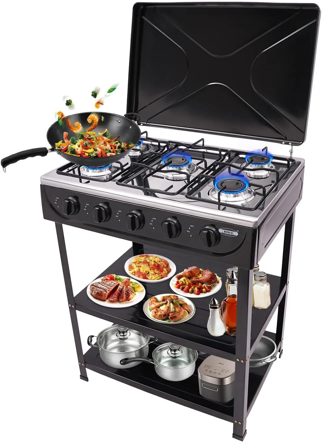 Natural Gas Stove, 5-Burner Natural Gas Stove, Portable Gas Stove with Support Leg Stand and Wind Blocking Cover Auto Ignition Camping Stove for RV, Apartment, Outdoor Cooking, Auto Ignition (Black)