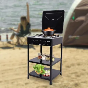 Natural Gas Stove, 5/4 Burner Auto Ignition Portable Gas Stove with Support Leg Stand and Wind Blocking Cover Adapter for Camping, Fishing, RV Travel (Black, 4 Burner)