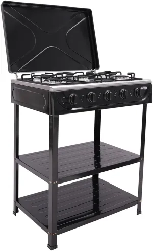 Natural Gas Stove with 5 Burners and 2 Tier Storage Rack, 2.5KW Portable LNG Camping Grill Stove with Support Leg Bracket & Wind Blocking Cover Adapter, Manual Ignition Camping Stove (Black)