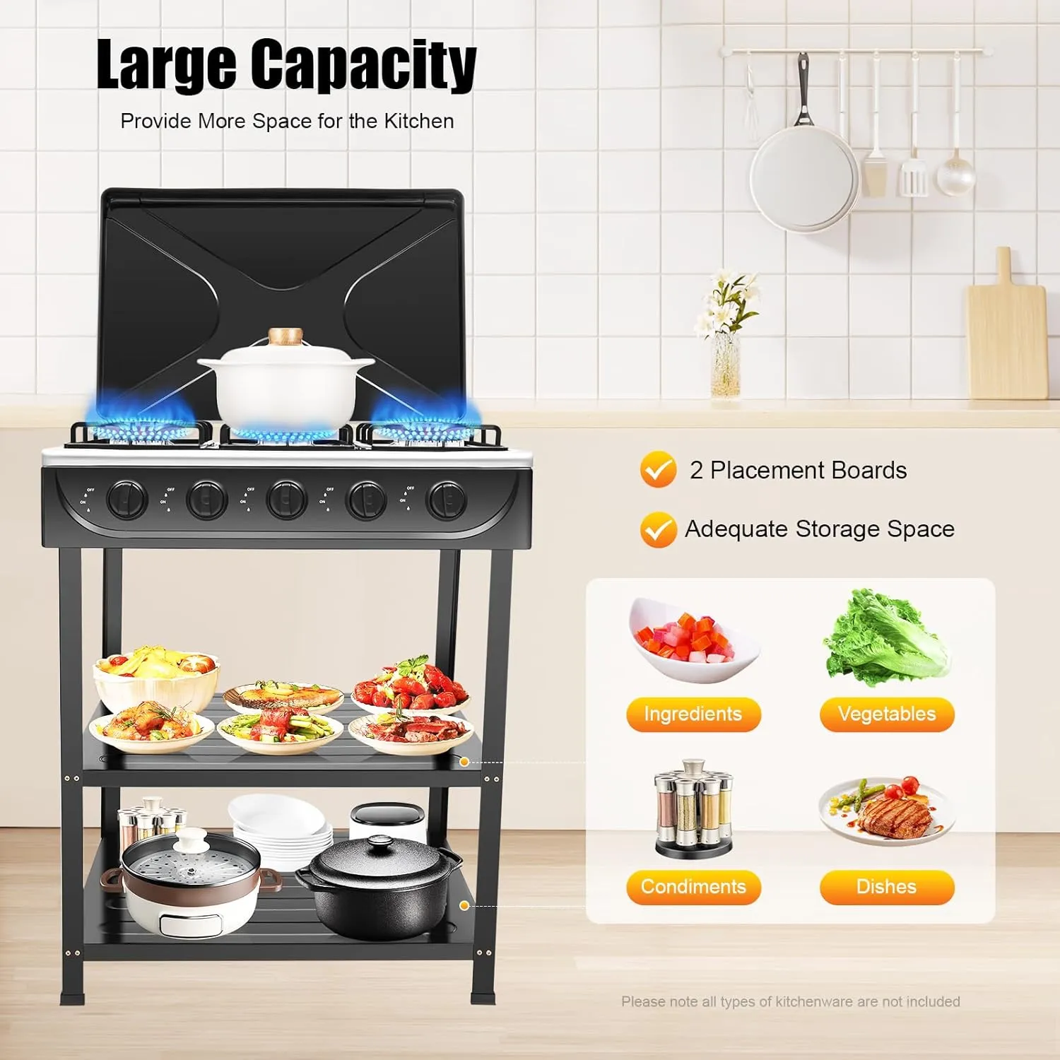 Natural Gas Stove with 5 Burners and 2 Tier Storage Rack, 2.5KW Portable LNG Camping Grill Stove with Support Leg Bracket & Wind Blocking Cover Adapter, Manual Ignition Camping Stove (Black)