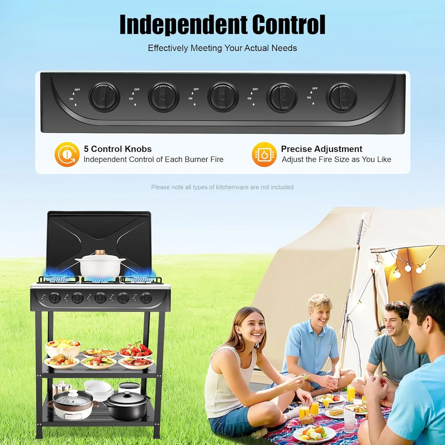 Natural Gas Stove with 5 Burners and 2 Tier Storage Rack, 2.5KW Portable LNG Camping Grill Stove with Support Leg Bracket & Wind Blocking Cover Adapter, Manual Ignition Camping Stove (Black)