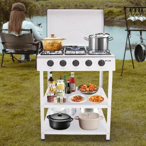 Natural Gas Stove with 5 Burners, Propane Gas Stove 2 Tier Storage Rack Portable Stainless Steel BBQ Stove for RV, Apartment, Outdoor Cooking