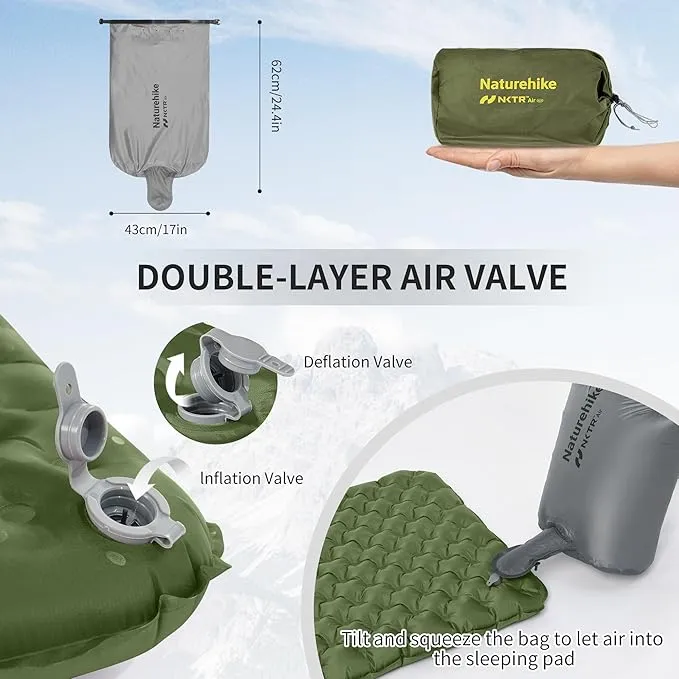 Naturehike 1.9LB Ultralight Self Inflating Sleeping Pad with R4.6, 3.2in Thickened Patchworkable Double Sleeping Mat for Camping, Hiking, Climbing with Inflatable Bag, Green Rectangular