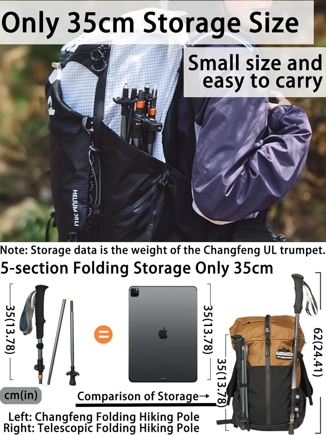 Naturehike Trekking Poles for Hiking Lightweight only 6.67oz 5-Section Folding Telescopic 13.78in Storage Size 3k Carbon Fiber 7075 Aluminum EVA Extended Handle High Load-Bearing Outer Lock
