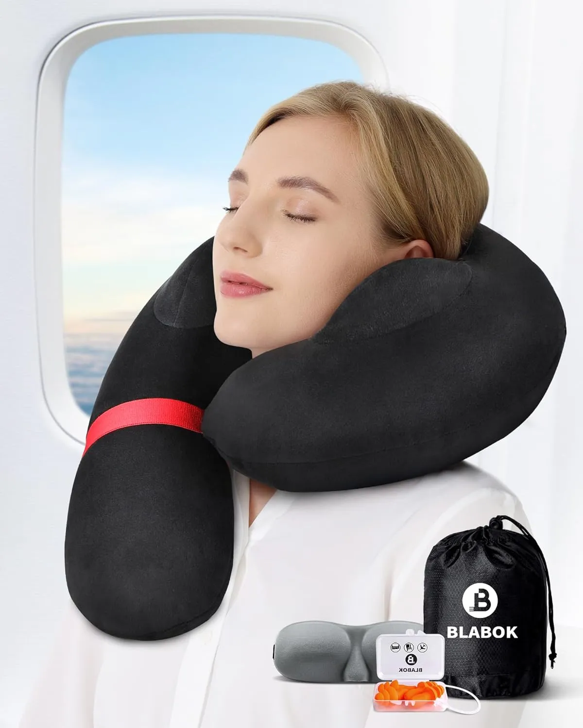 Neck Pillow for Travel, Inflatable Travel Neck Pillows for Airplanes, Travel Pillow for Sleeping Airplane-Avoid Neck&Shoulder Pain,Support Head and Neck, for Airplane,Train,Office,Home (Black)