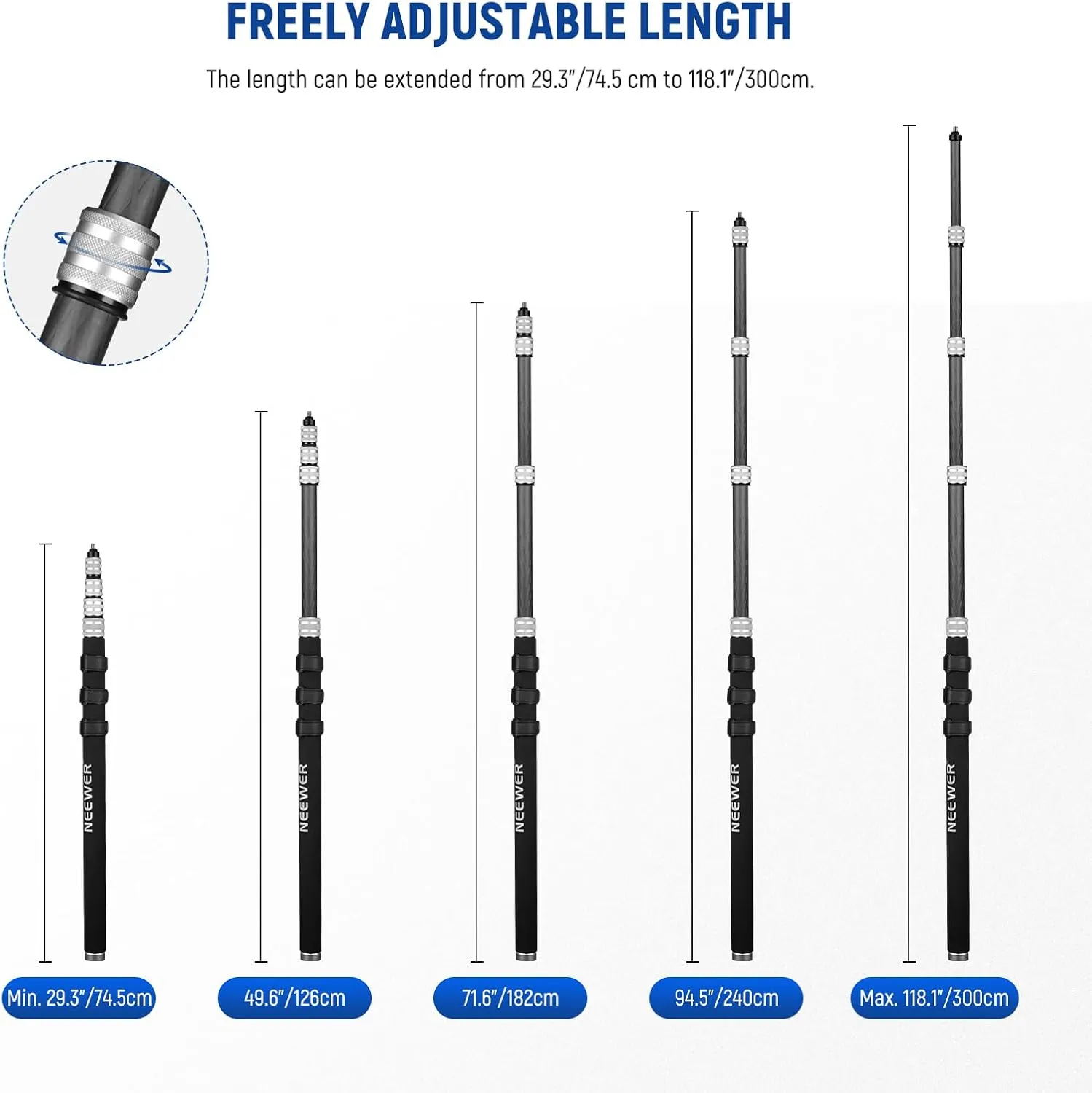 NEEWER Upgraded Microphone Boom Pole, 9.8ft/300cm Telescopic Carbon Fiber Mic Boom Arm with 5 Sections, 1/4” 3/8” 5/8” Screw Adapters, Cable Straps, Shoulder Strap & Storage Bag, MS-300C