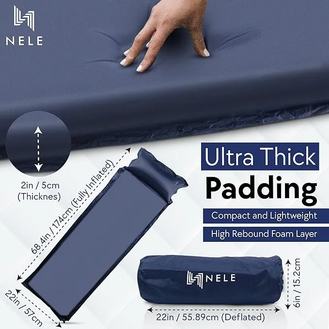 NELE Polyester Self Inflating Sleeping Pad Camping - Portable Camping Mattress, Easy to Inflate Sleeping Mat for Hiking, Traveling & Backpacking (2''/Dark Blue)