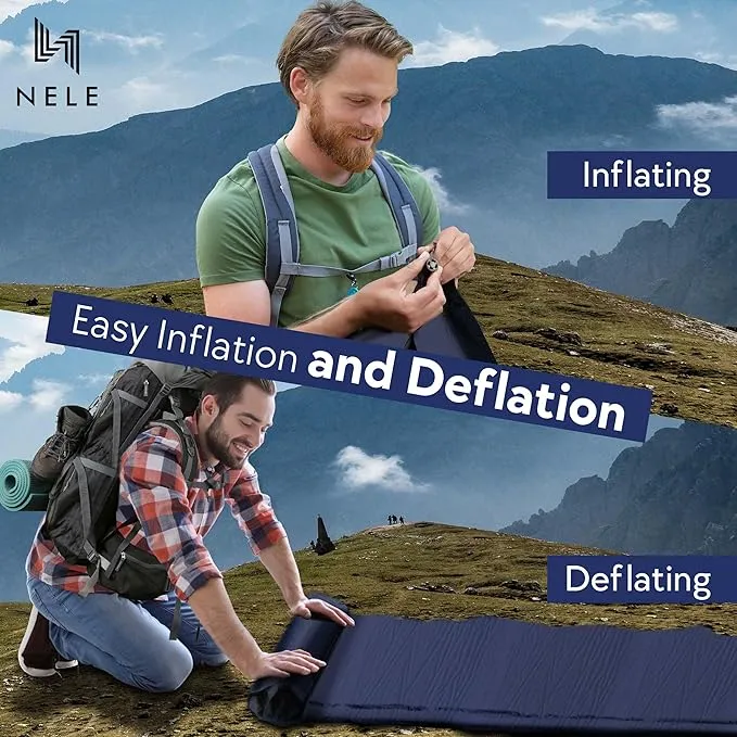 NELE Polyester Self Inflating Sleeping Pad Camping - Portable Camping Mattress, Easy to Inflate Sleeping Mat for Hiking, Traveling & Backpacking (2''/Dark Blue)