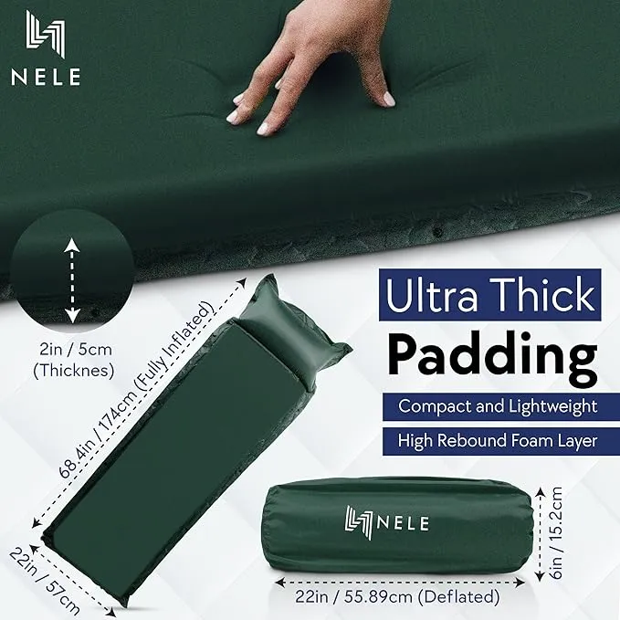 NELE Self Inflating Sleeping Pad 2inch Lifestyle Pad (Dark Green)