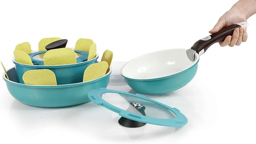 Neoflam Midas PLUS 9pc Nonstick Cast Aluminum Cookware Set, PFOA Free Kitchenware with Saucepan,Frying Pan,Stove|Oven Pot, Tempered Glass Lid and Smart Detachable Handle,Oven Safe,Space-Saving,Emerald