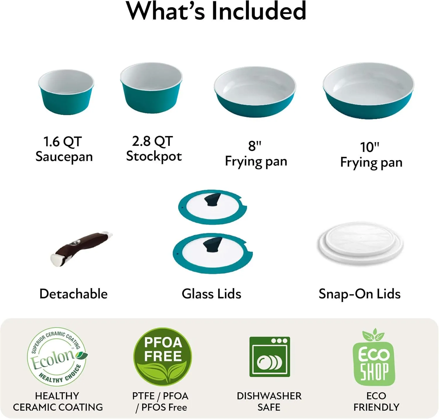 Neoflam Midas PLUS 9pc Nonstick Cast Aluminum Cookware Set, PFOA Free Kitchenware with Saucepan,Frying Pan,Stove|Oven Pot, Tempered Glass Lid and Smart Detachable Handle,Oven Safe,Space-Saving,Emerald