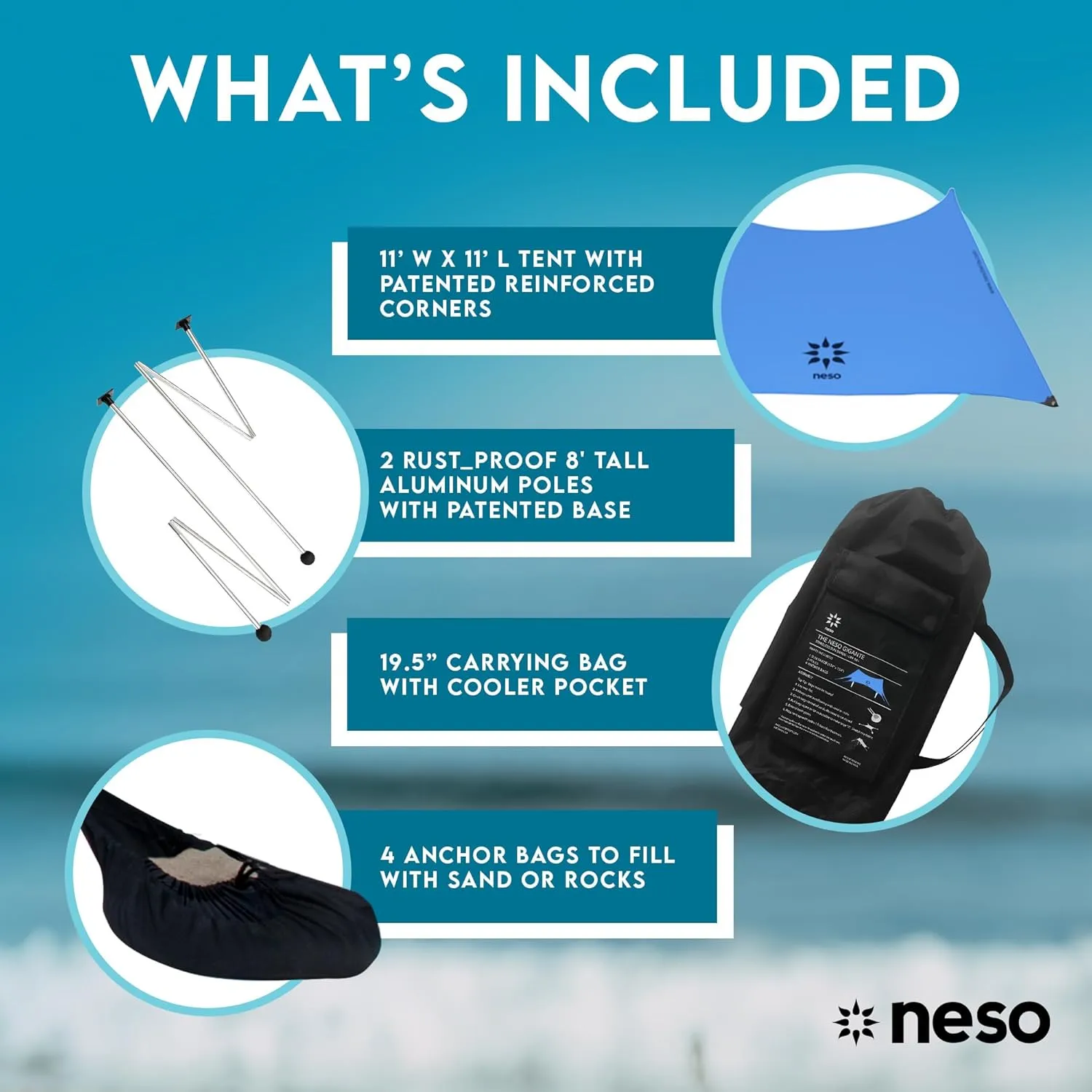 Neso Gigante - Portable Beach Tent - Ideal to Enjoy with Family and Friends - UPF 50 , Water-Resistant, and Lightweight - Periwinkle Blue, 11' x 11'