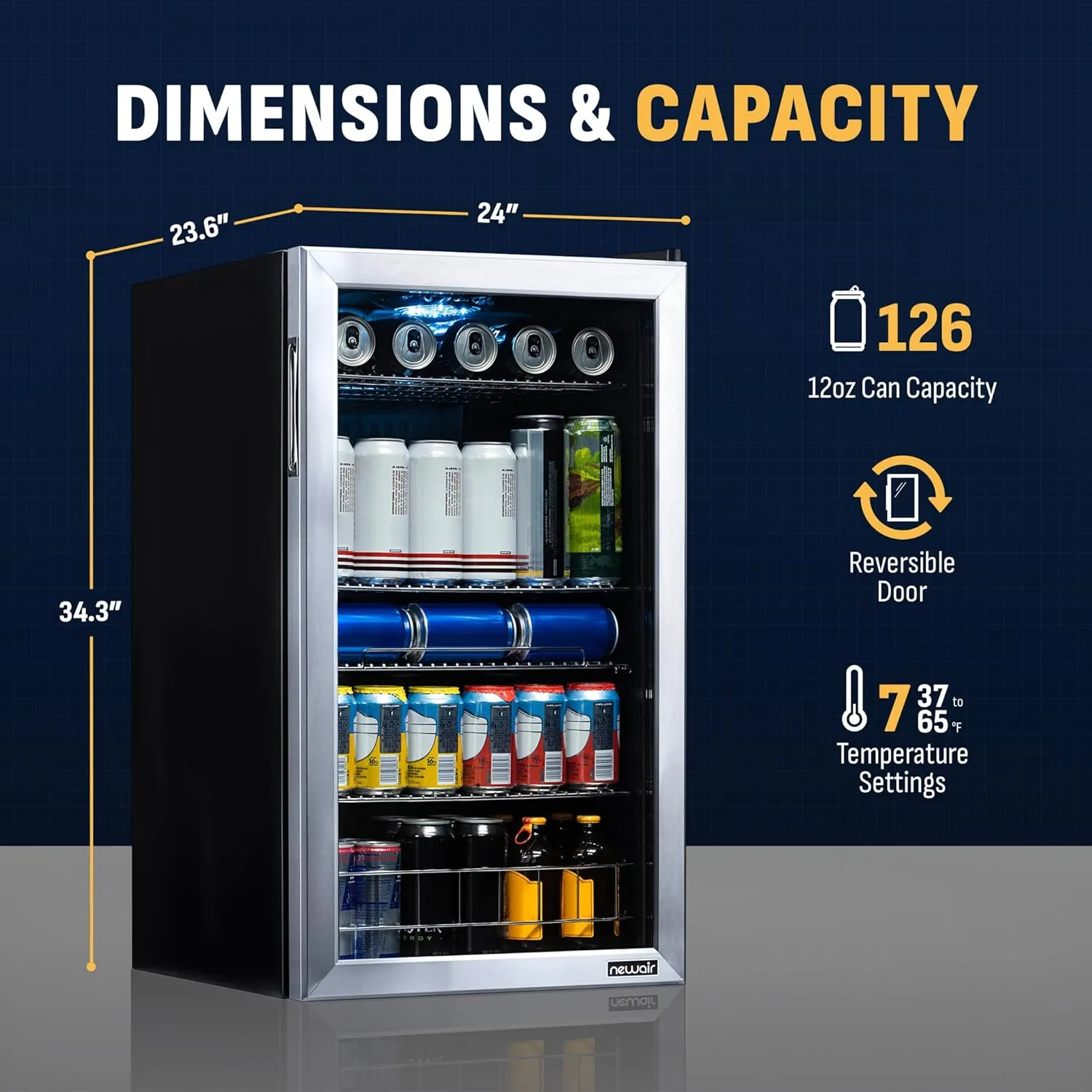 NewAir Beverage Refrigerator Cooler - 126 Cans Free Standing with Right Hinge Glass Door, Mini Fridge Beverage Organizer Perfect For Beer, Wine, Soda, And Cooler Drinks