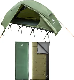 Night Cat Camping Cot Tent with Self-Inflating Sleeping Pad and Camping Sleeping Bag Waterproof 1-Person Off-Ground Combo Cot Bed for Adults Portable Easy Set-up Tent