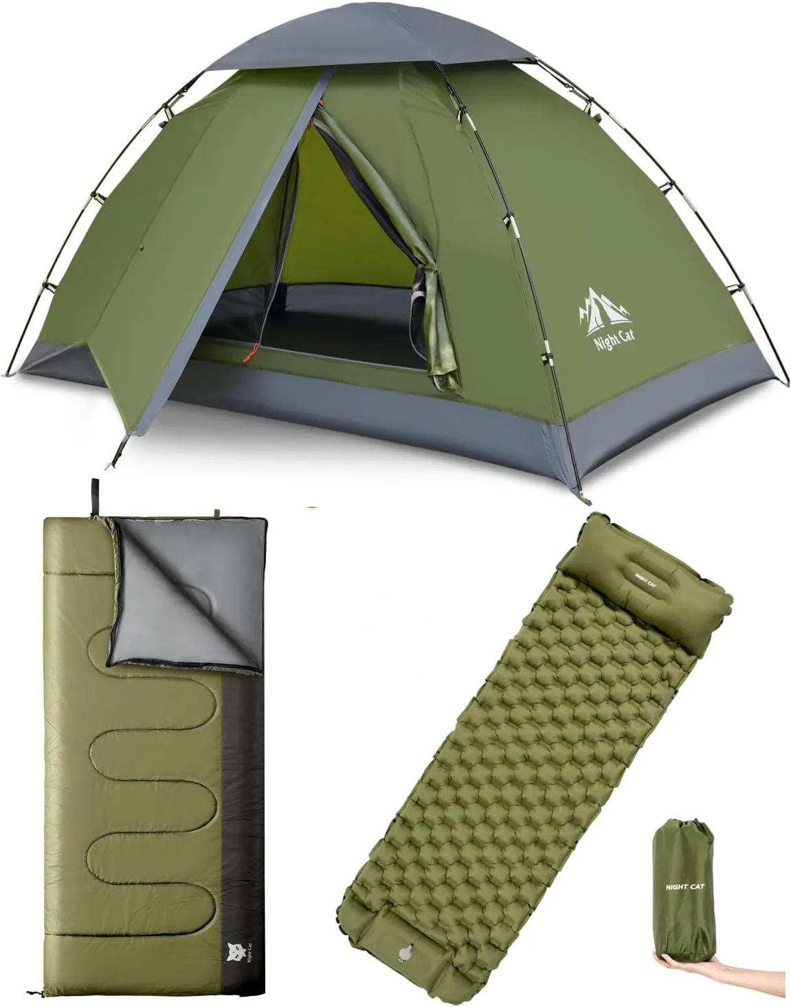 Night Cat Upgraded Backpacking Tents with Inflatable Sleeping Pad and Sleeping Bag for 1 Person Outdoors Easy Clip Setup Tent Camping Combo Set