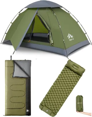Night Cat Upgraded Backpacking Tents with Inflatable Sleeping Pad and Sleeping Bag for 1 Person Outdoors Easy Clip Setup Tent Camping Combo Set
