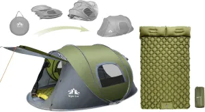 Night Cat Upgraded Pop up Tent with Inflatable Double Sleeping Pad for 2-4 Persons Automatic Instant Tent Combo Set
