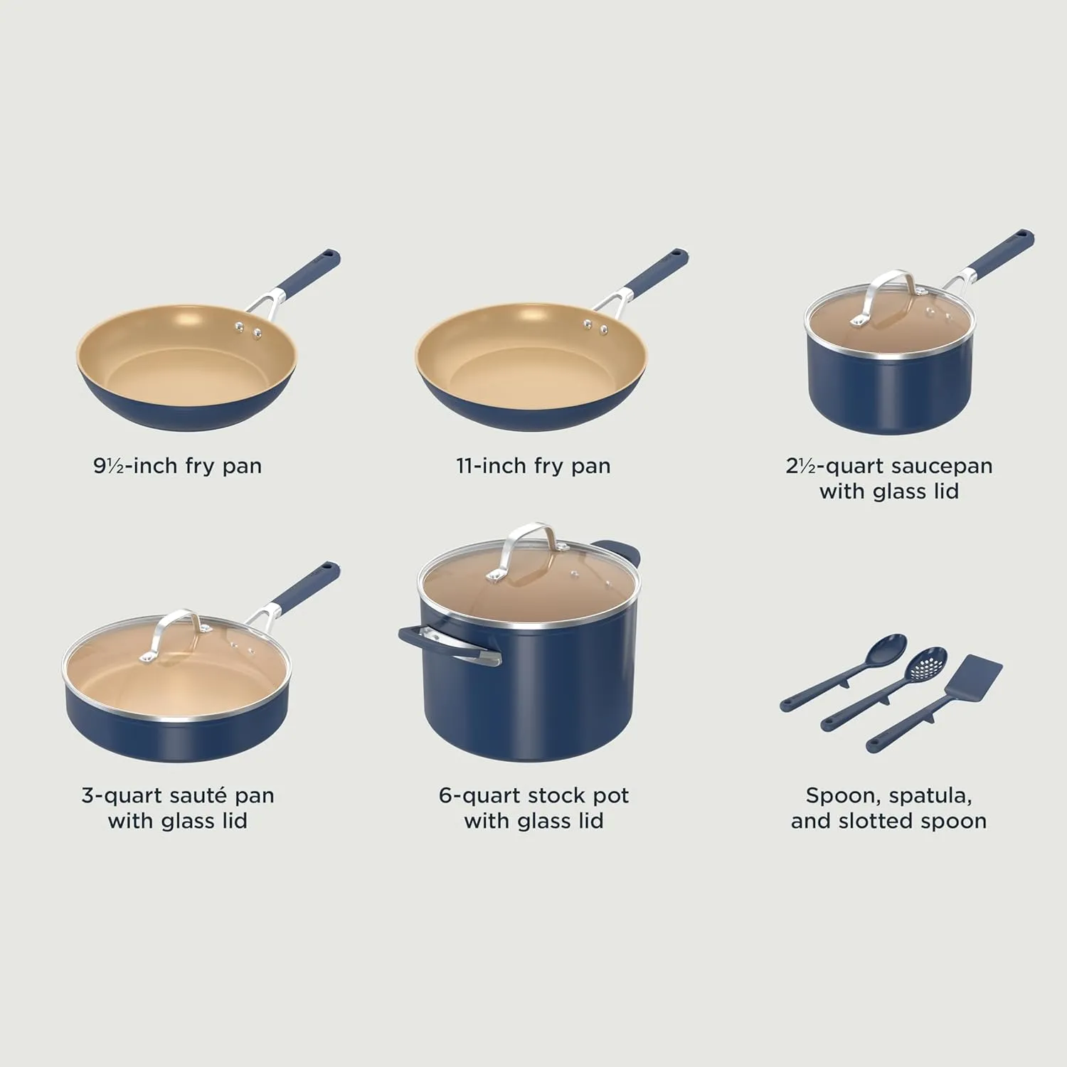 Ninja Ceramic Cookware Set, Extended Life 11-Piece Kitchen Cookware Sets with Comfort Grip, Nonstick Fry Pans, Pots, PTFE Free, Oven & Dishwasher Safe, Stovetop Compatible, Navy Blue, CW49011