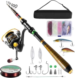 NO STUFFING Fishing Pole Combo Set,2.1m/6.89ft 2PCS Collapsible Rods 2PCS Spinning Reels Lures Set Carrier Bag Carbon Fiber Telescopic Fishing Rods Sea Saltwater Freshwater Kit Fishing Rod Reel Combos