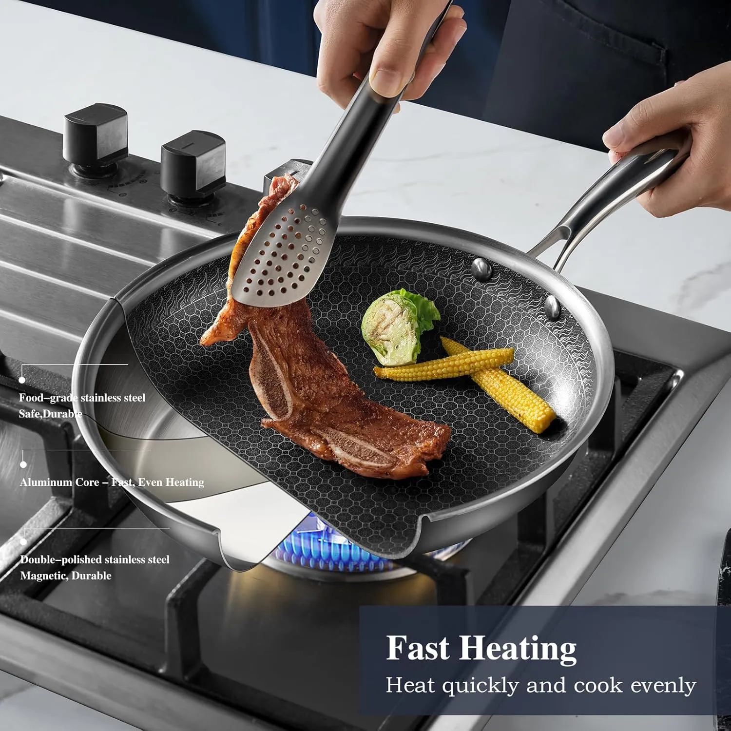 Non Stick Frying Pan Set 7 Piece, 8, 10 and 12-Inch Hybrid Non Toxic Fry Pan Skillet with Lids, Dishwasher and Oven Safe, Induction Ready, Silver Kitchen Cookware set
