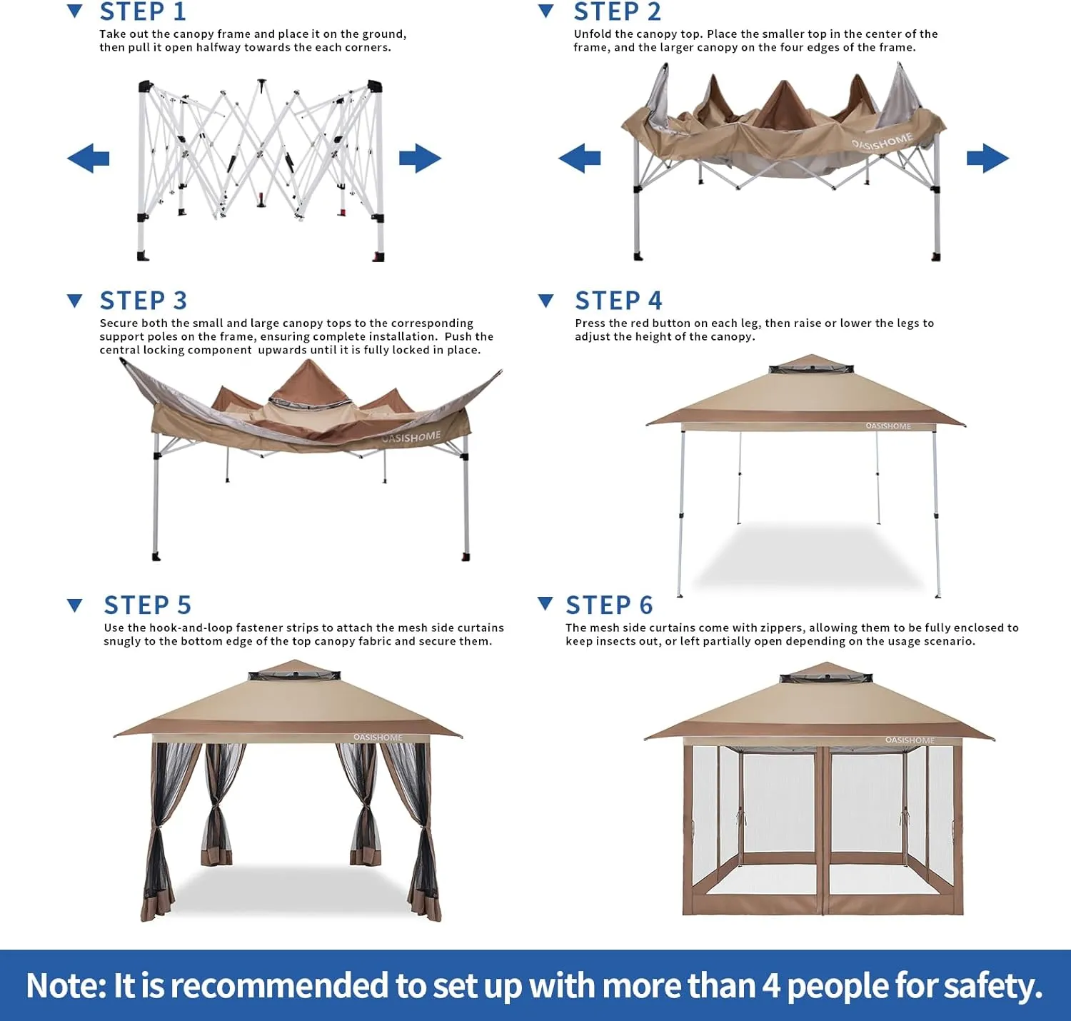 OASISHOME Pop-up Gazebo Portable Instant Canopy Tent 12x12, One-Push Locking System, with 4 Mesh Sidewall, Wheeled Bag, for Patio/Backyard/Outdoor/Parties/Events (Khaki)