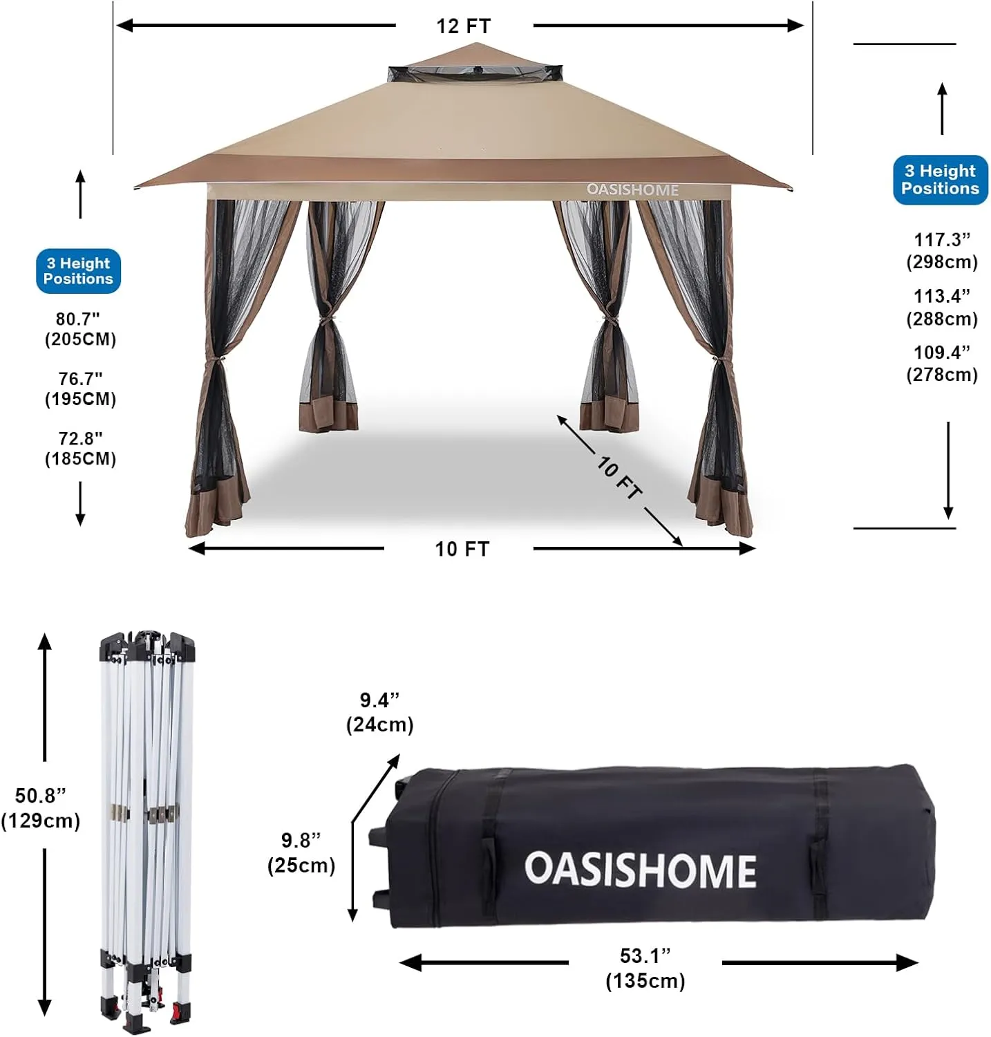 OASISHOME Pop-up Gazebo Portable Instant Canopy Tent 12x12, One-Push Locking System, with 4 Mesh Sidewall, Wheeled Bag, for Patio/Backyard/Outdoor/Parties/Events (Khaki)