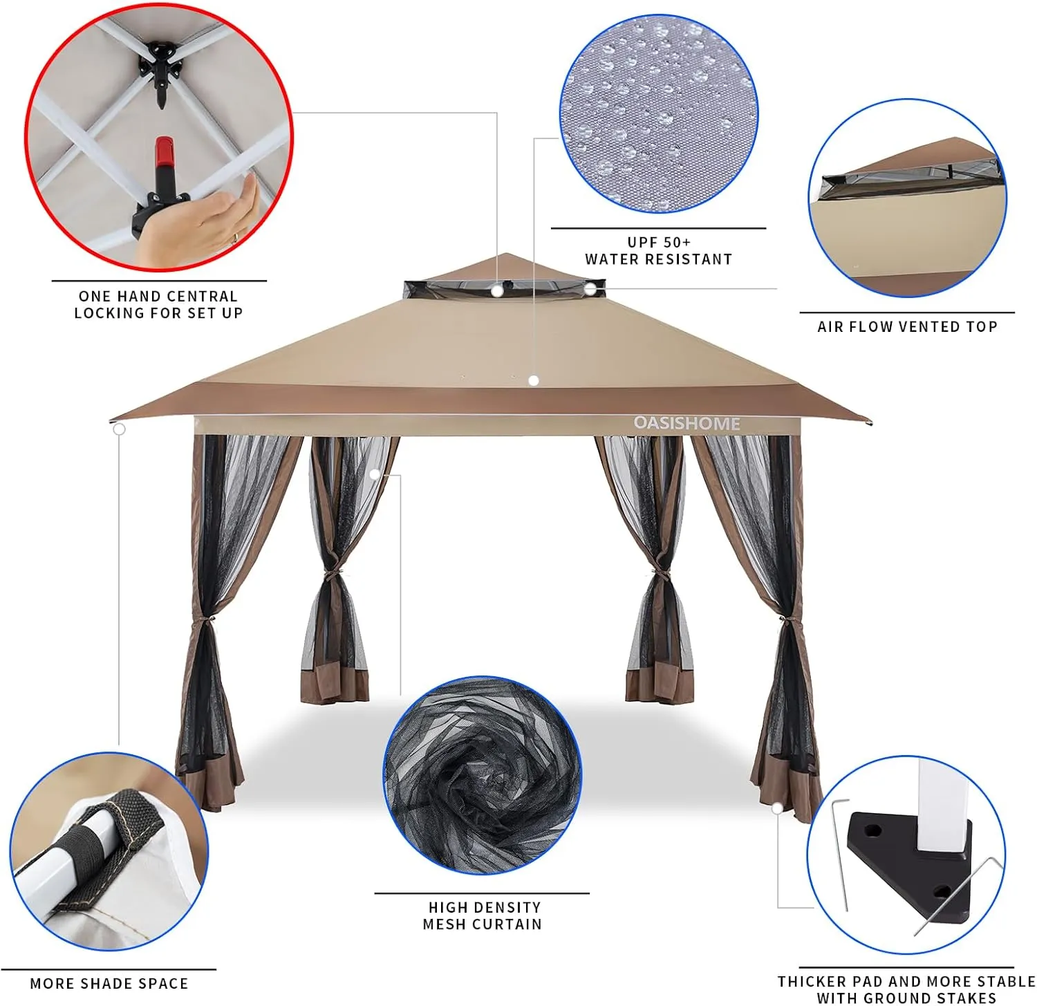 OASISHOME Pop-up Gazebo Portable Instant Canopy Tent 12x12, One-Push Locking System, with 4 Mesh Sidewall, Wheeled Bag, for Patio/Backyard/Outdoor/Parties/Events (Khaki)