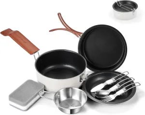 Odoland 10pcs Camping Cookware Non-Stick Camping Pot and Pan Set with Plate Bowl Fork Knife Spoon for Backpacking, Hiking, Outdoor Cooking and Picnic
