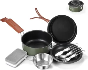 Odoland 10pcs Camping Cookware Non-Stick Camping Pot and Pan Set with Plate Bowl Fork Knife Spoon for Backpacking, Hiking, Outdoor Cooking and Picnic