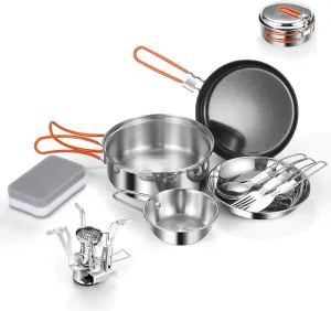 Odoland 10pcs Stainless Steel Camping Cookware Camping Pot and Pan Set with Portable Camping Stove Camping Mess Kit with Plates Bowls Forks Knives Spoons for Hiking Backpacking and Picnic