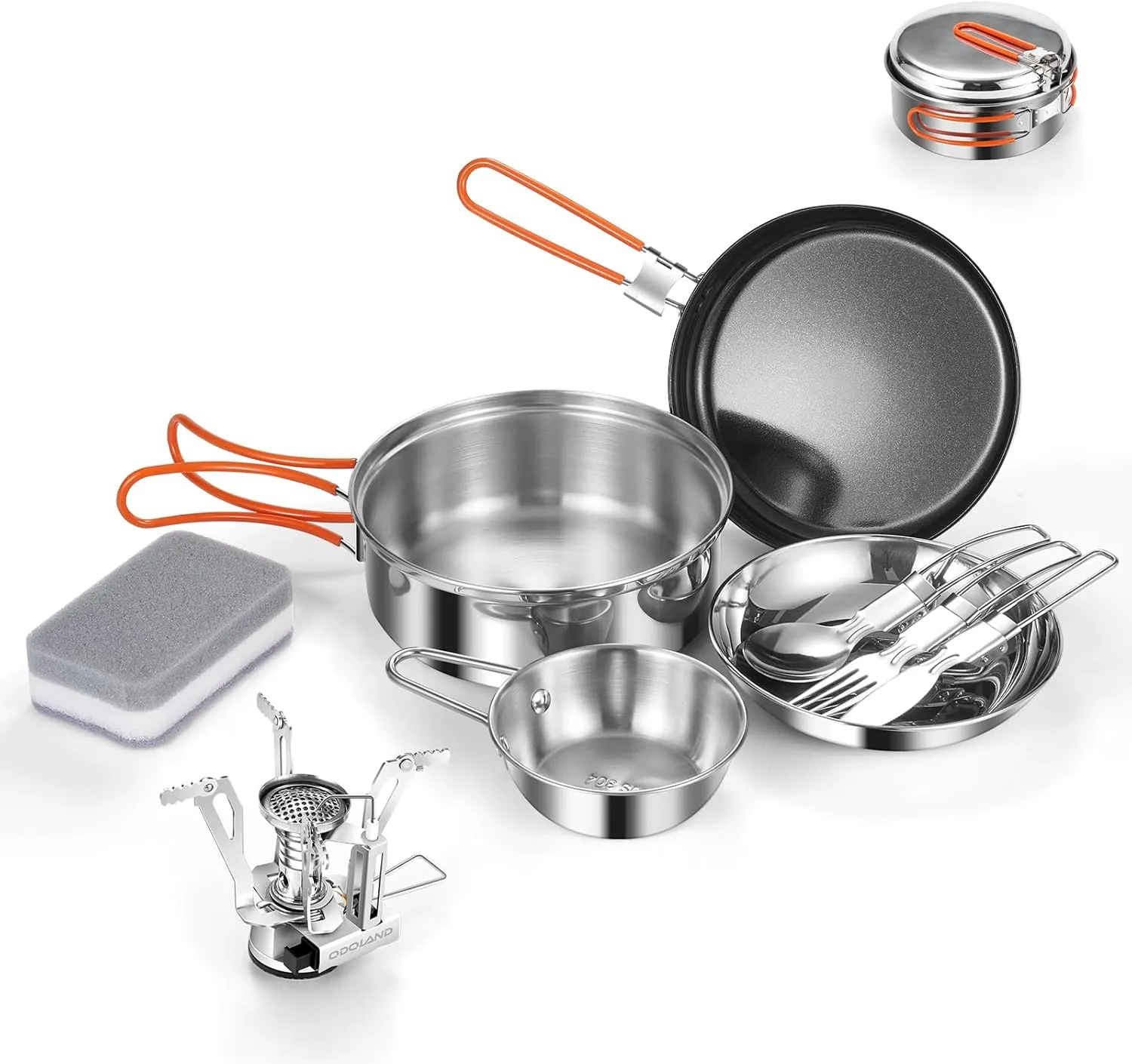 Odoland 10pcs Stainless Steel Camping Cookware Camping Pot and Pan Set with Portable Camping Stove Camping Mess Kit with Plates Bowls Forks Knives Spoons for Hiking Backpacking and Picnic