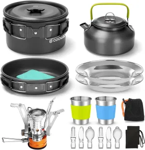 Odoland Bundle - 2 Items 16pcs Camping Cookware Set and 10pcs Stainless Steel Camping Cookware